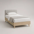 Cama 90 x 200 cm com Cabeceira Estofada em Bege Claro e Carvalho Claro