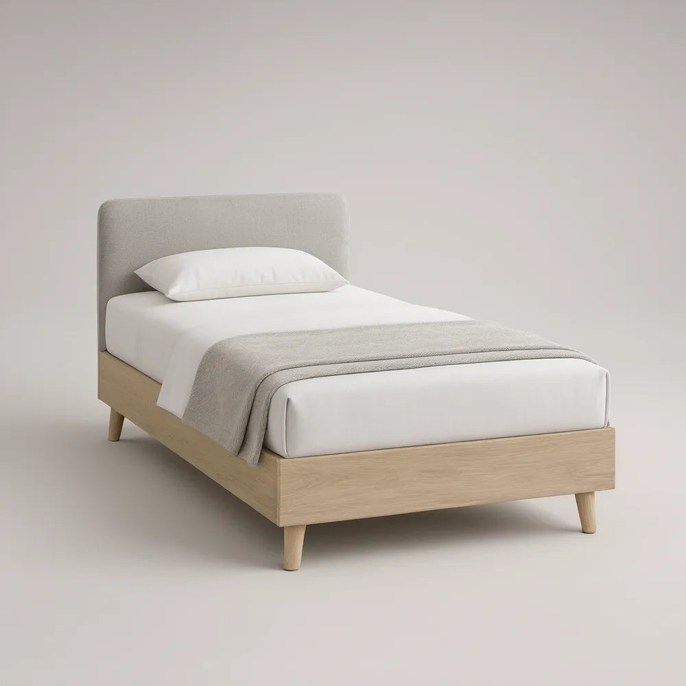 Cama 90 x 200 cm com Cabeceira Estofada em Bege Claro e Carvalho Claro