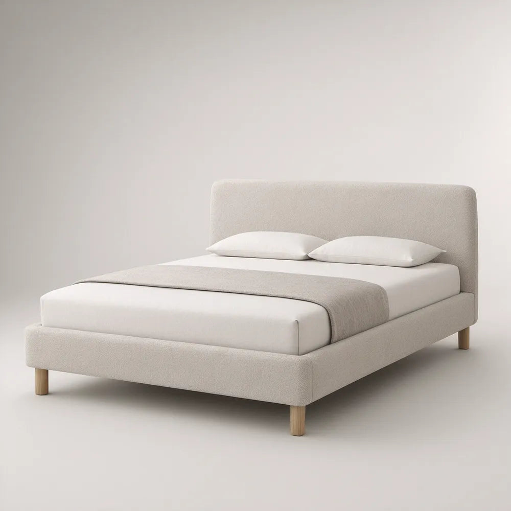 Cama de Casal Estofada Bege-Claro 160 x 200 cm com Pés em Pinho Maciço