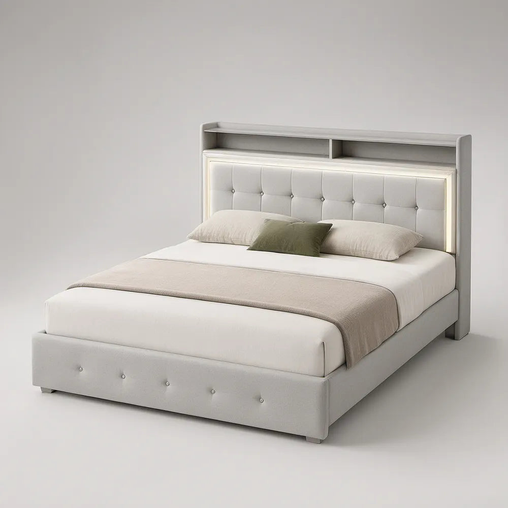 Cama de Casal Estofada Cinzento-Claro com Cabeceira com Prateleiras, 160 x 200 cm
