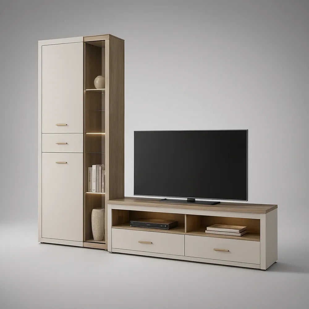 Móvel de TV com Coluna Alta 240 x 40 x 180 cm em MDF Branco, Carvalho e Dourado