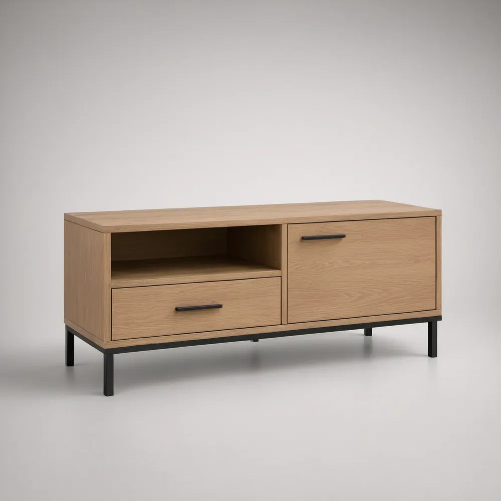 Móvel de TV em MDF Folheado a Carvalho Natural e Preto 120 x 40 x 55 cm