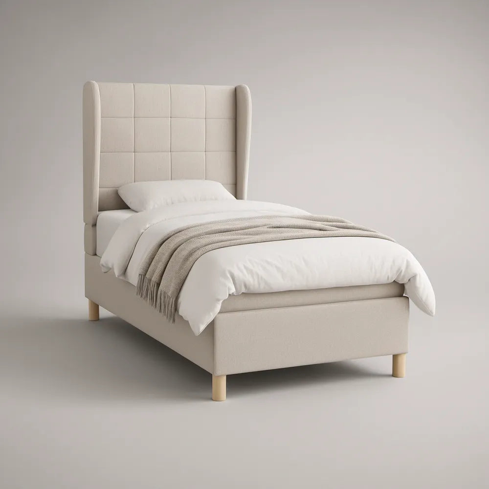 Cama Individual Estofada Bege 90 x 190 cm com Cabeceira Alta