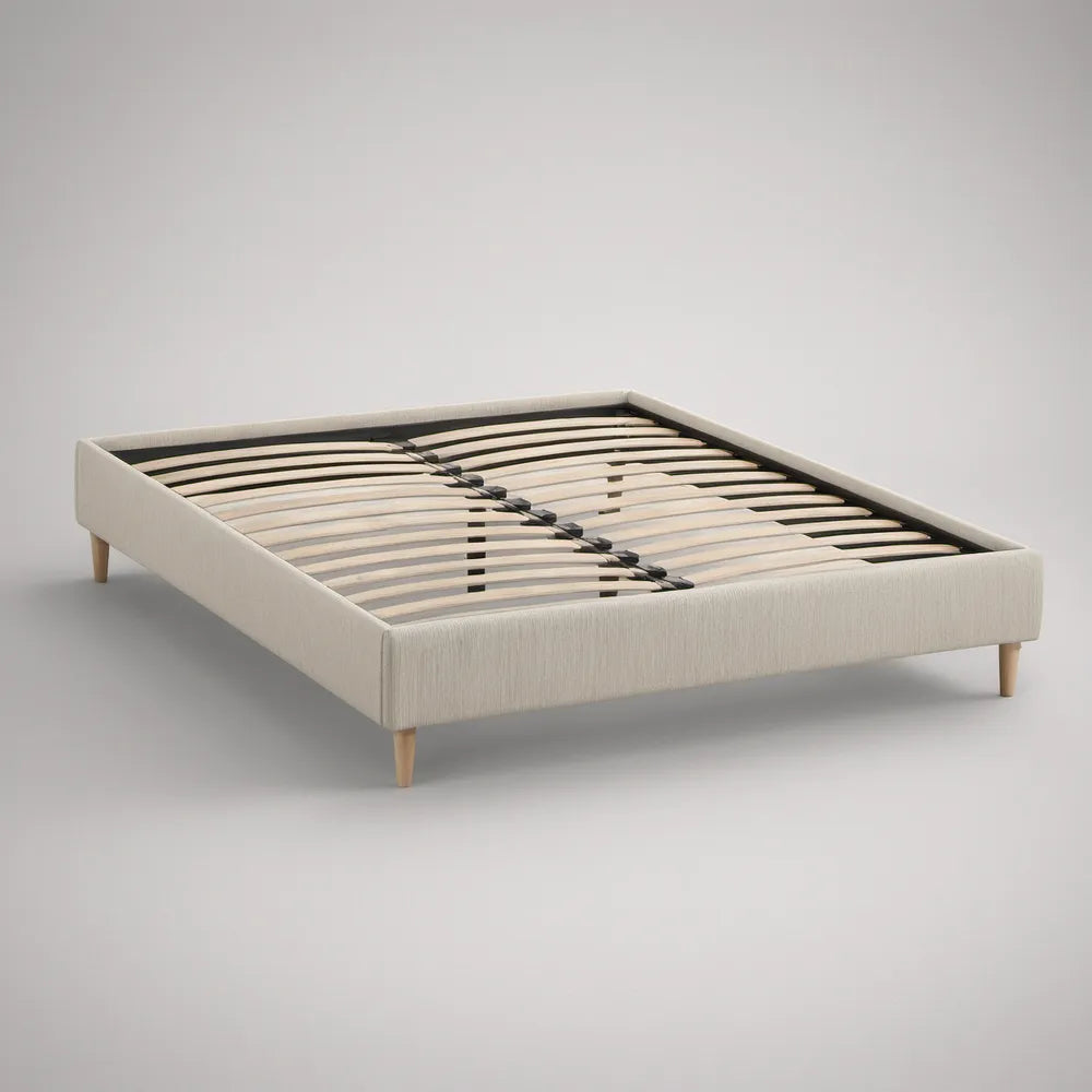 Cama de Casal com Estrado de Ripas 160 x 200 cm em Bege e Madeira Natural