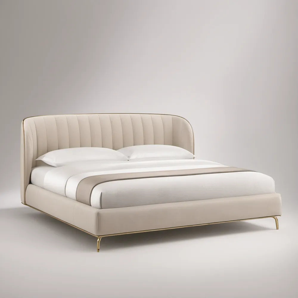 Cama de Casal Estofada Bege e Dourado para Colchão 160 x 200 cm