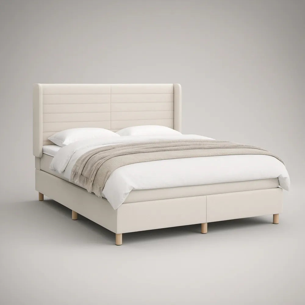 Cama de Casal Estofada Bege Claro para Colchão 160 x 200 cm