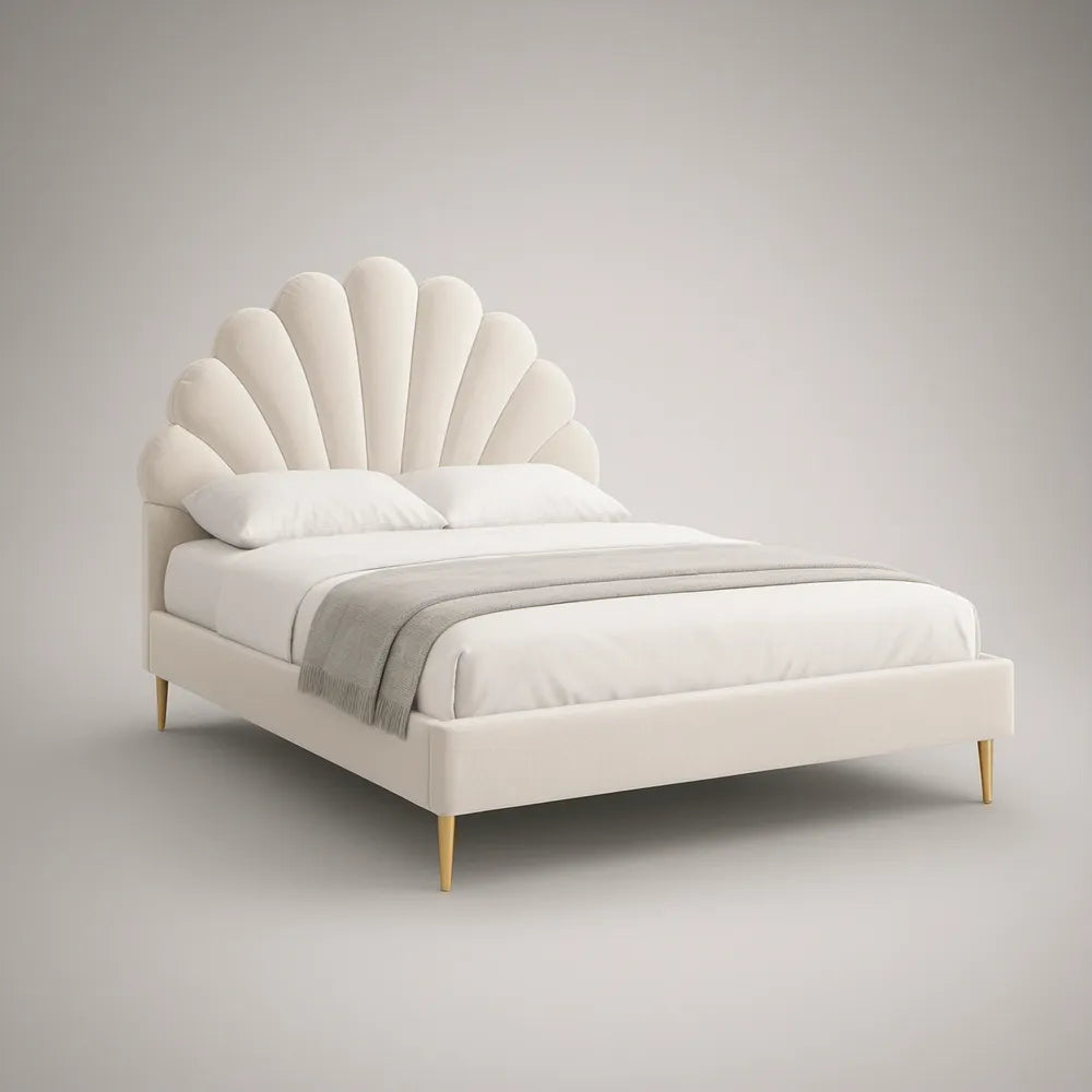 Cama de Casal Estofada 160 x 200 cm com Cabeceira em Concha Branca e Pés Dourados