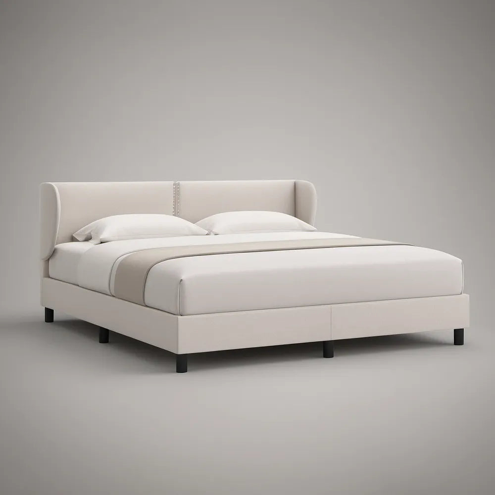 Cama de Casal Estofada Bege para Colchão 160 x 200 cm, 226 x 172 x 110 cm