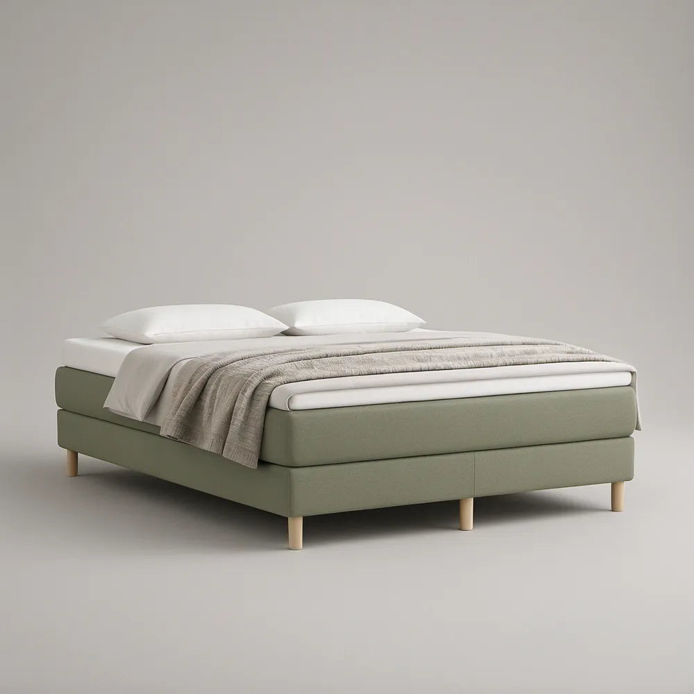 Cama Estofada Verde-sálvia 160 x 200 cm com Pés em Madeira Natural