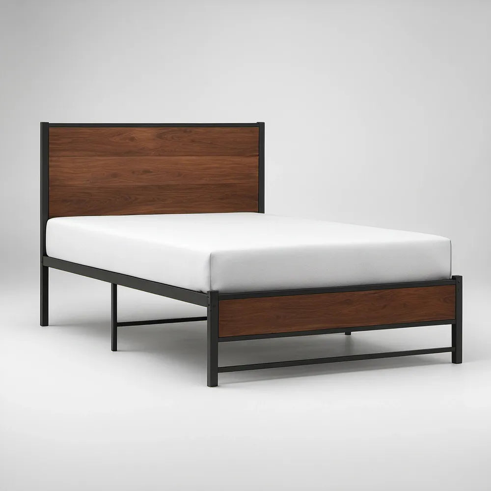 Cama de Casal 160 x 200 cm em Aço Preto e MDF Castanho-Nogueira