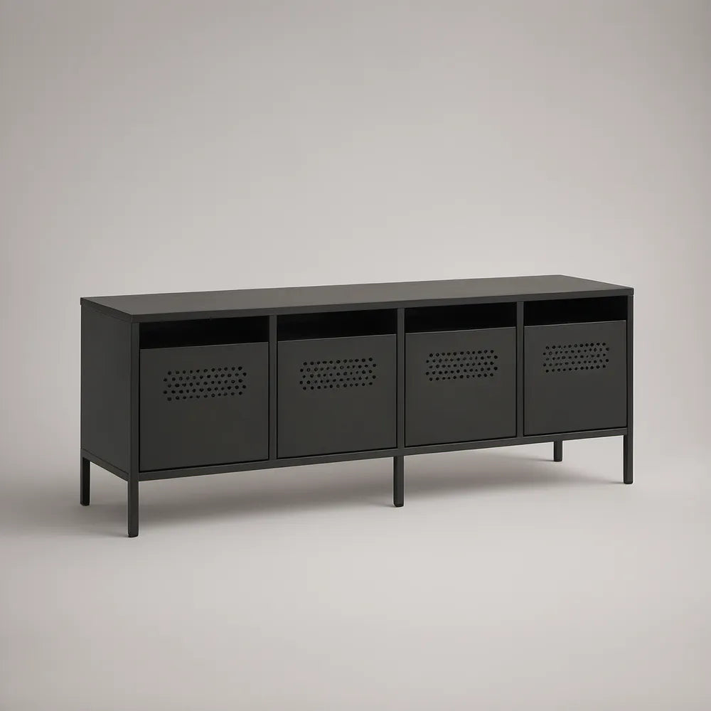 Móvel para TV em Aço Preto com 4 Portas Perfuradas, 160 x 40 x 60 cm