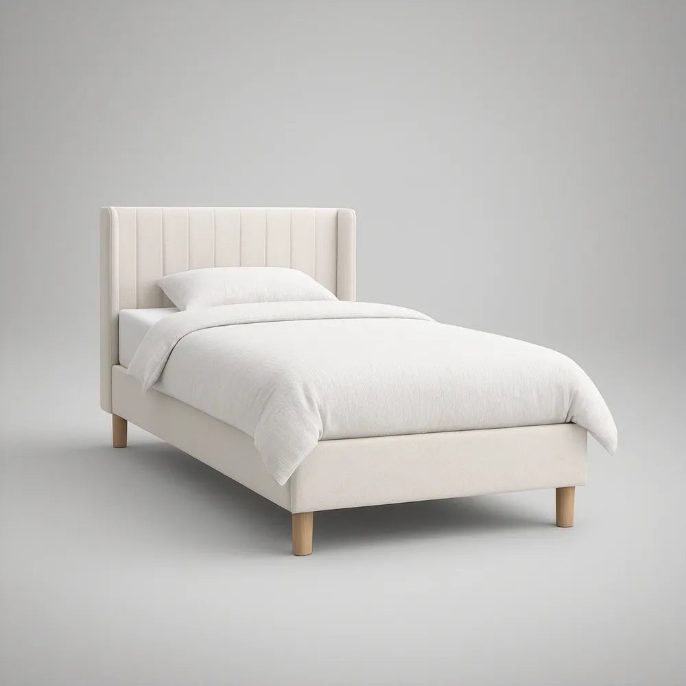 Cama Individual Estofada 90 x 200 cm Branca com Pés em Madeira Natural