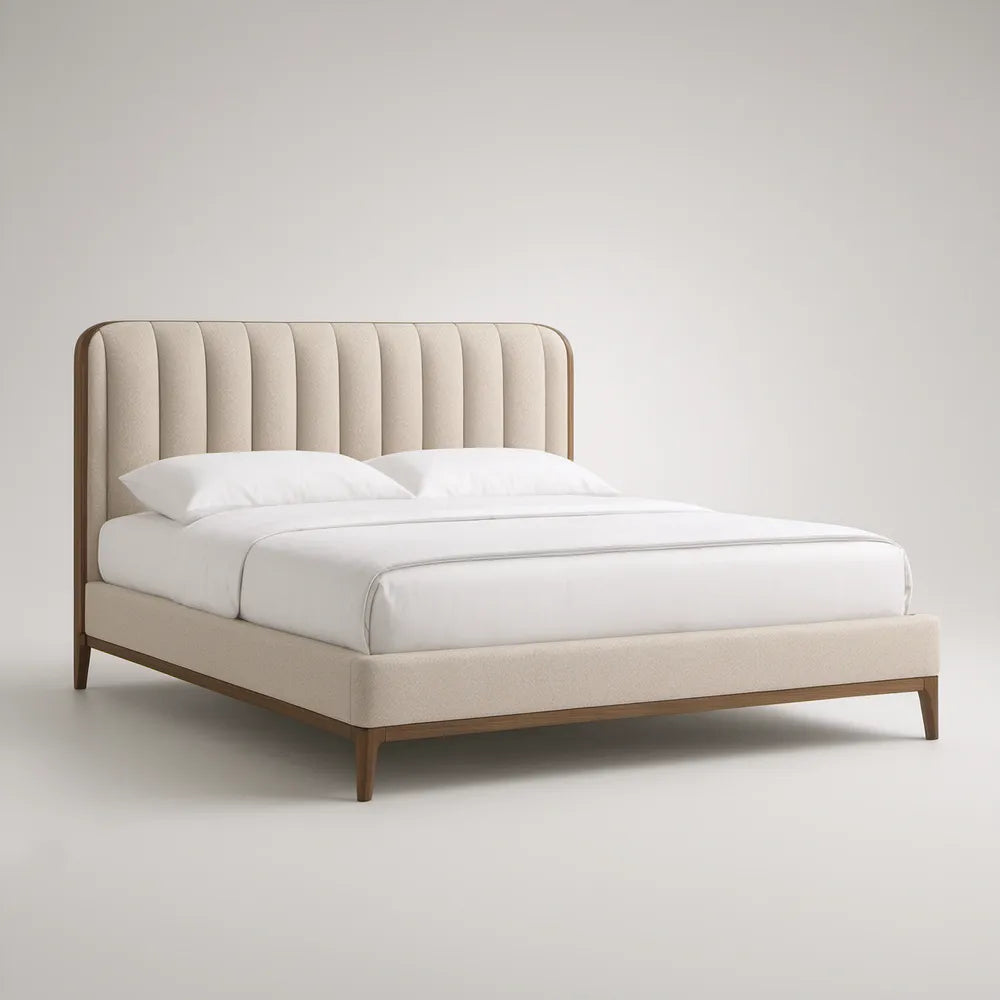 Cama de Casal Estofada para Colchão 160 x 200 cm com Cabeceira Curva Bege e Estrutura Castanha