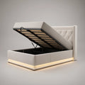 Cama de Casal com Estrado Elevatório, Arrumação e LED 160 x 200 cm Bege Claro/Preto