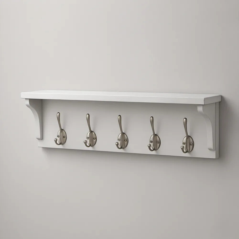 Cabide de parede branco com prateleira e 5 ganchos duplos prateados, 80 × 18 × 10 cm