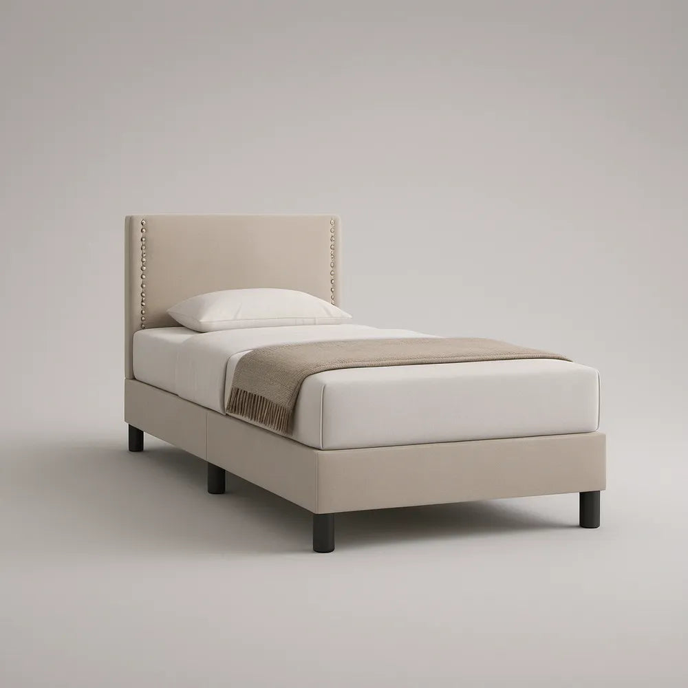 Cama Individual Estofada Bege 90 x 190 cm com Cabeceira Retangular