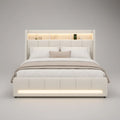 Cama de Casal Estofada Branca 160 x 200 cm com Cabeceira, Prateleiras e Iluminação LED