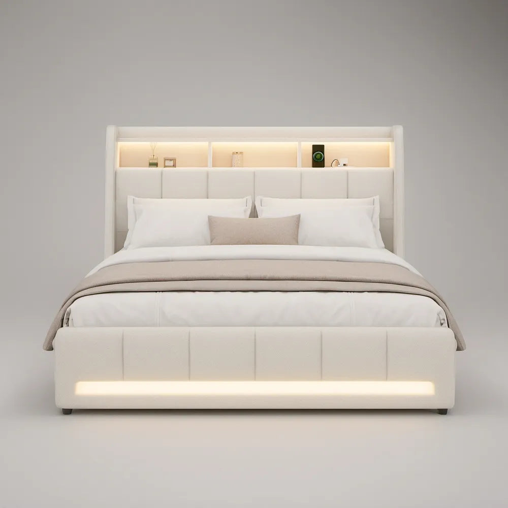 Cama de Casal Estofada Branca 160 x 200 cm com Cabeceira, Prateleiras e Iluminação LED
