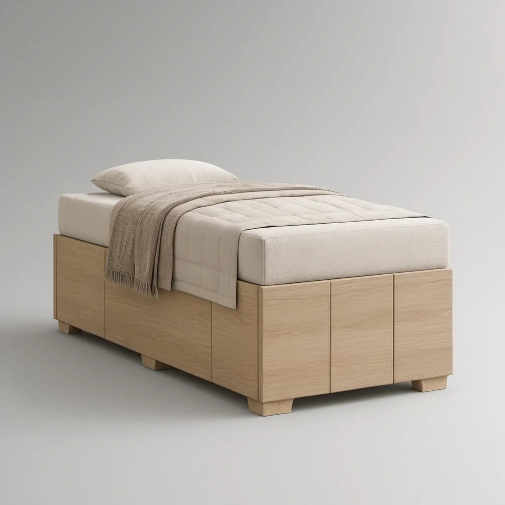 Cama Individual com Arrumação para Colchão 90 x 200 cm em MDF Carvalho Claro