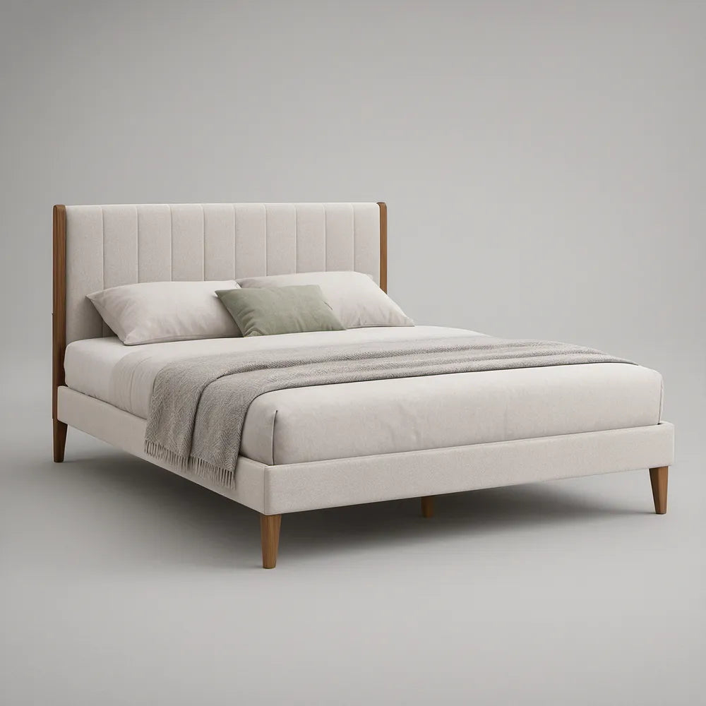 Cama de Casal Estofada 160 x 200 cm em Poliéster Bege com Pés em Madeira Castanho-Nogueira